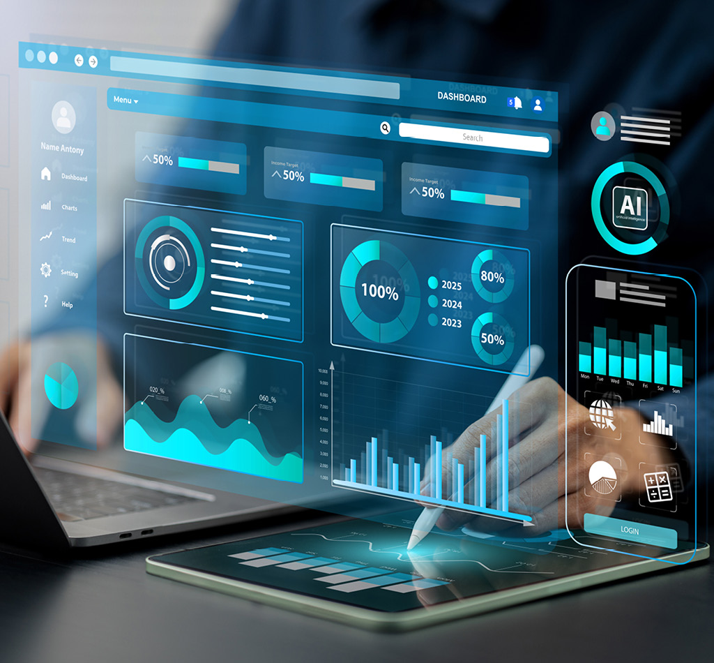 Businessman reviewing analytics data with futuristic AI projection images from a computer & tablet.